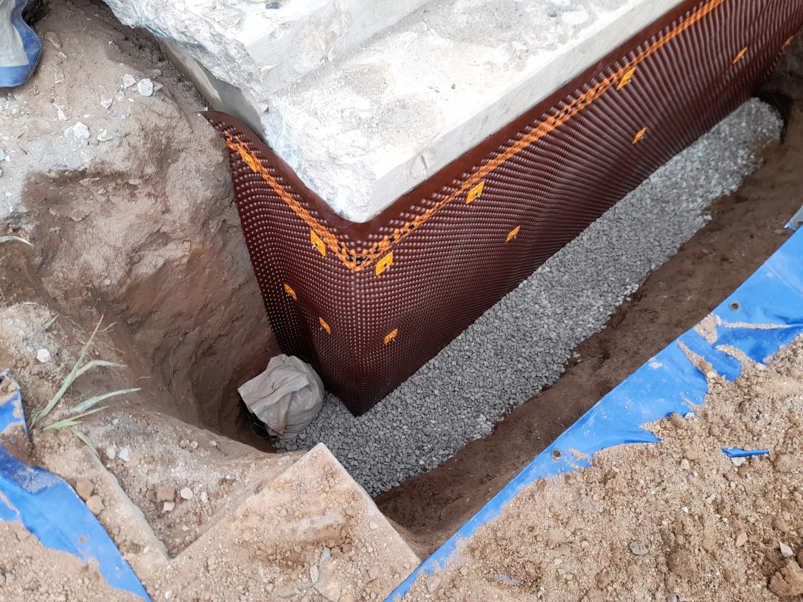 Exterior foundation membrane on a Muskoka Lakes waterproofing job