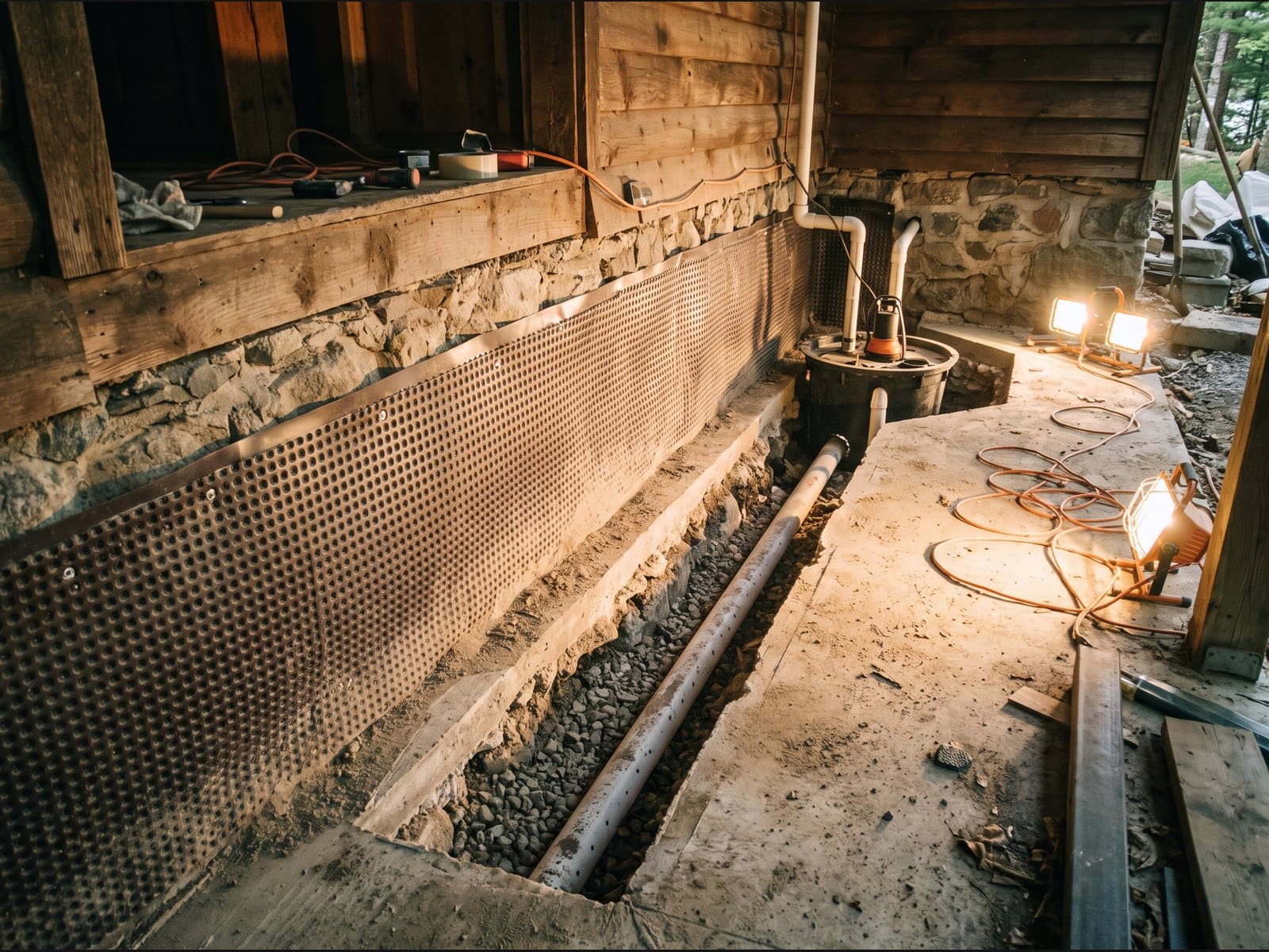 Interior dimpled membrane during Muskoka waterproofing